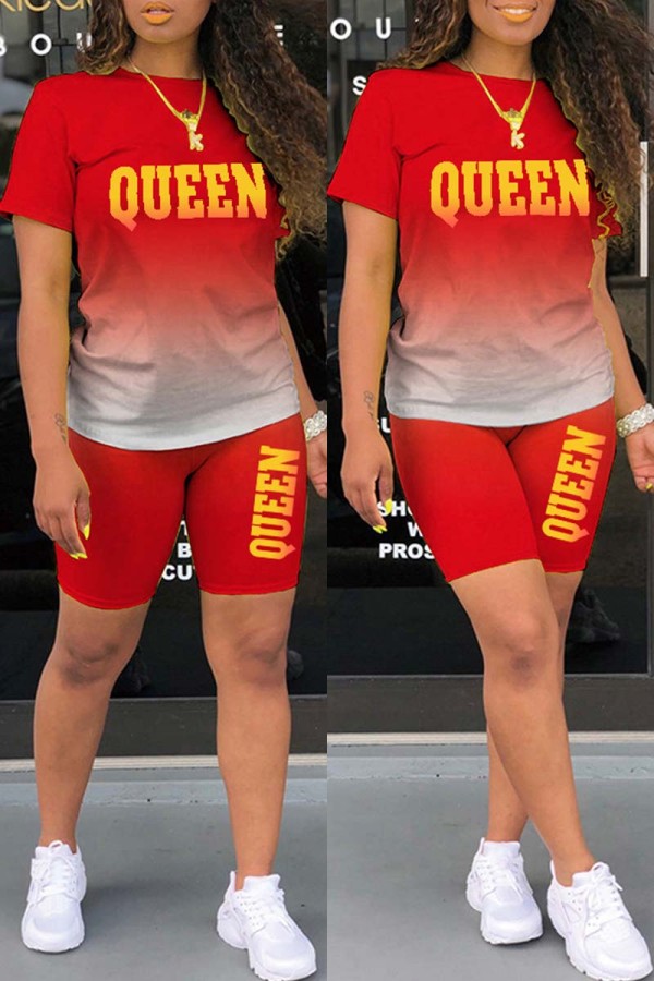 Red Casual Gradual Change Letter Print Basic O Neck Short Sleeve Two Pieces