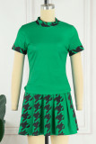 Green Casual Print Patchwork O Neck Short Sleeve Two Pieces