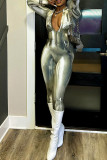Grey Sexy Street Print Patchwork Zipper Collar Skinny Jumpsuits