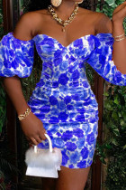 Deep Blue Elegant Print Patchwork Off the Shoulder A Line Dresses