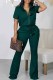 Green Casual Print Letter Zipper Collar Short Sleeve Two Pieces