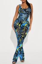 Blue Sexy Print Patchwork See-through U Neck Skinny Jumpsuits