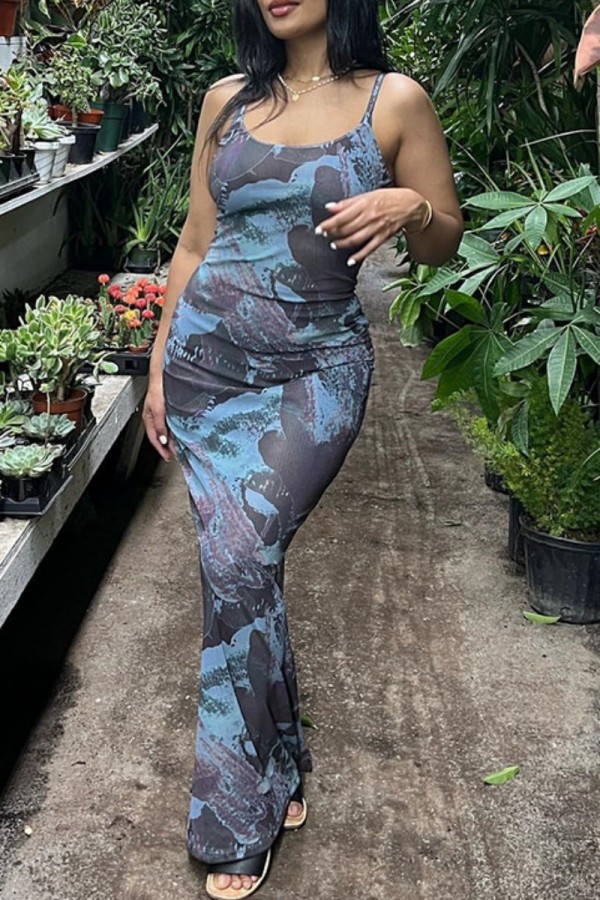 Blue Sexy Print Backless Spaghetti Strap Long Dress Dresses
