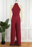 Blue Casual Solid Patchwork Slit O Neck Straight Jumpsuits