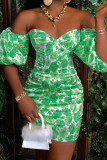 Green Elegant Print Patchwork Off the Shoulder A Line Dresses