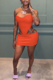 Rose Red Sexy Solid Hollowed Out Patchwork Asymmetrical Strapless Sleeveless Two Pieces