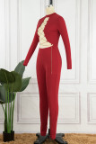 Red Sexy Solid Hollowed Out Chains Half A Turtleneck Skinny Jumpsuits