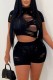 Black Casual Solid Ripped Hollowed Out See-through Turtleneck Short Sleeve Two Pieces