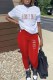 Red Casual Print Letter O Neck Short Sleeve Two Pieces