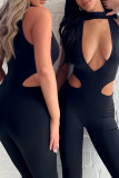Black Sexy Solid Hollowed Out Patchwork Half A Turtleneck Skinny Jumpsuits