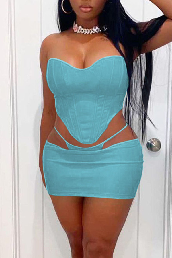 Sky Blue Sexy Solid Hollowed Out Patchwork Asymmetrical Strapless Sleeveless Two Pieces