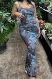 Blue Sexy Print Backless Spaghetti Strap Long Dress Dresses