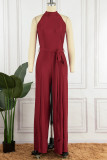 Blue Casual Solid Patchwork Slit O Neck Straight Jumpsuits