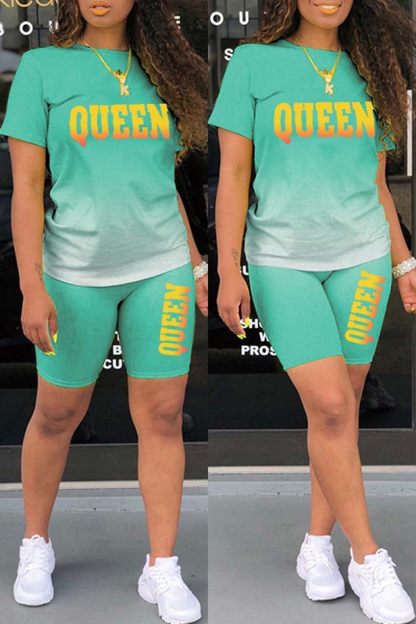 Light Green Casual Gradual Change Letter Print Basic O Neck Short Sleeve Two Pieces
