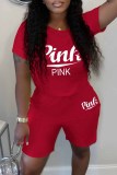 Red Casual Print Letter O Neck Short Sleeve Two Pieces