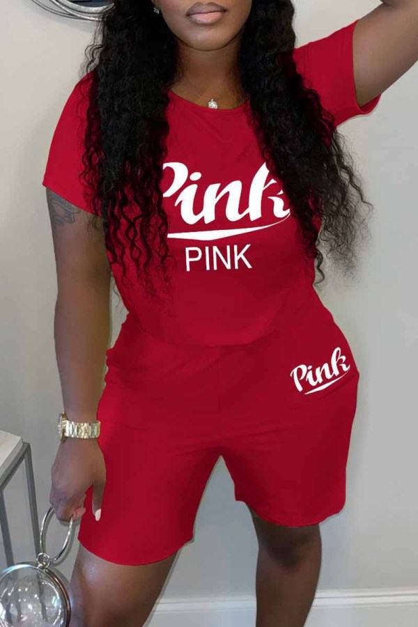 Red Casual Print Letter O Neck Short Sleeve Two Pieces