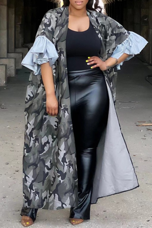 Grey Casual Camouflage Print Patchwork Outerwear