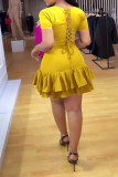 Red Sexy Solid Bandage Patchwork Flounce O Neck A Line Dresses