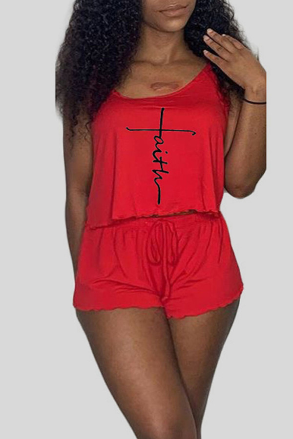 Red Casual Print Patchwork Spaghetti Strap Sleeveless Two Pieces