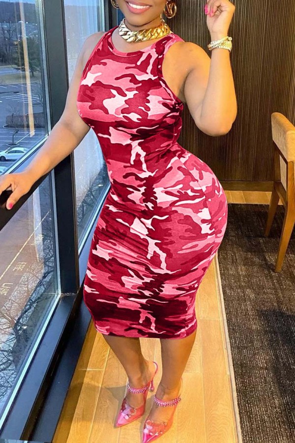 Red Sexy Casual Camouflage Print Basic O Neck Sleeveless Dress Dresses