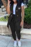 Black Casual Letter Print Cardigan Pants Turn-back Collar Sleeveless Two Pieces (Without T-shirt)