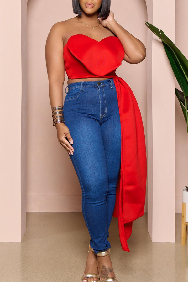 Red Sexy Solid Patchwork Asymmetrical Strapless Tops