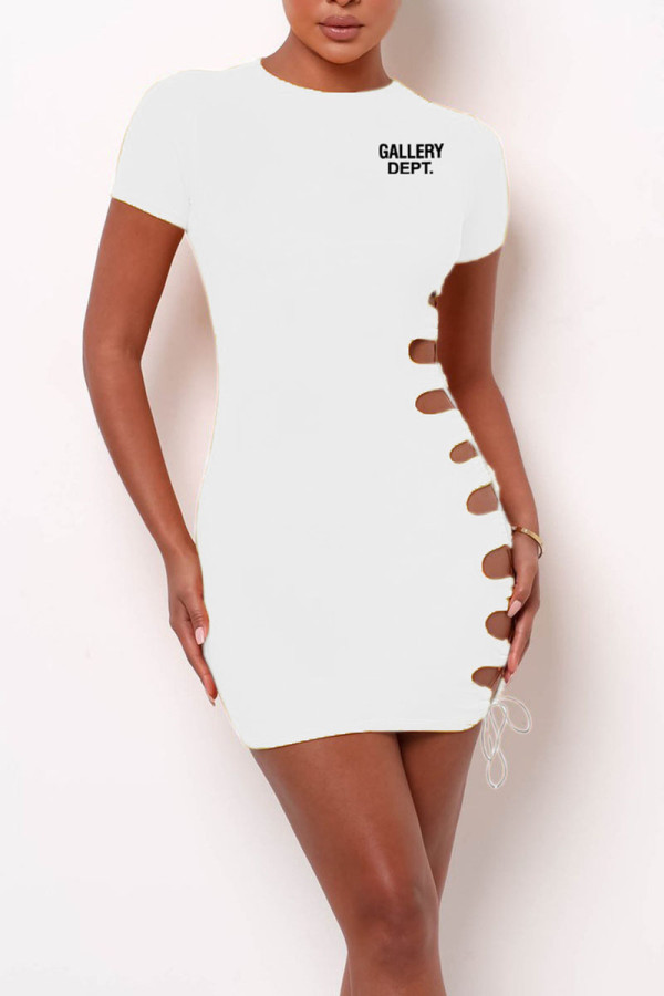 White Sexy Print Bandage Hollowed Out Patchwork O Neck Pencil Skirt Dresses