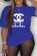 Blue Casual Print Letter O Neck T-Shirts