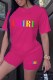 Rose Red Casual Print Letter O Neck Short Sleeve Two Pieces
