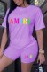 Purple Casual Print Letter O Neck Short Sleeve Two Pieces