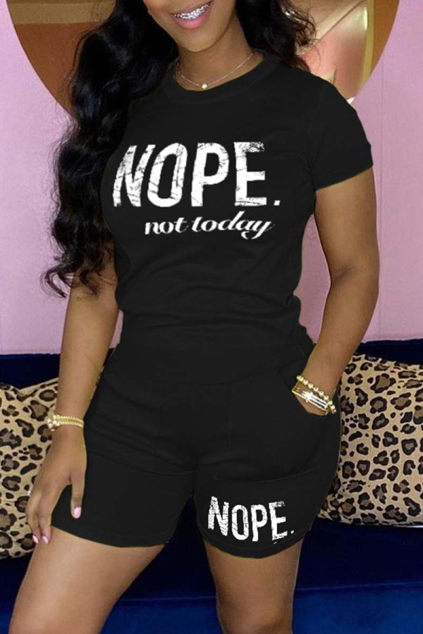 Black Casual Letter Print Basic O Neck Short Sleeve Two Pieces