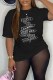 Black Casual Print Letter O Neck T-Shirts