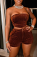 Coffee Sexy Solid Patchwork Strapless Sleeveless Two Pieces