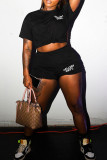 Black Casual Street Print Patchwork O Neck Short Sleeve Two Pieces