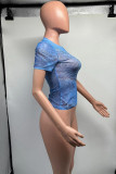 The cowboy blue Sexy Street Print Patchwork O Neck T-Shirts