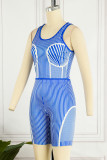 Blue Casual Sportswear Striped Print Patchwork O Neck Sleeveless Two Pieces