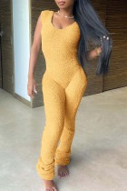 Yellow Casual Solid Basic V Neck Skinny Jumpsuits
