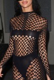 Black Sexy Solid Hollowed Out See-through O Neck Long Sleeve Two Pieces