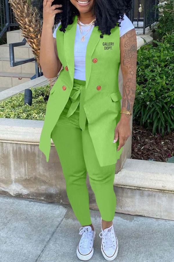 Grass Green Casual Letter Print Cardigan Pants Turn-back Collar Sleeveless Two Pieces (Without T-shirt)