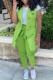 Grass Green Casual Letter Print Cardigan Pants Turn-back Collar Sleeveless Two Pieces (Without T-shirt)