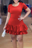 Red Sexy Solid Bandage Patchwork Flounce O Neck A Line Dresses