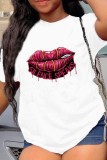 White Casual Lips Printed Basic O Neck T-Shirts