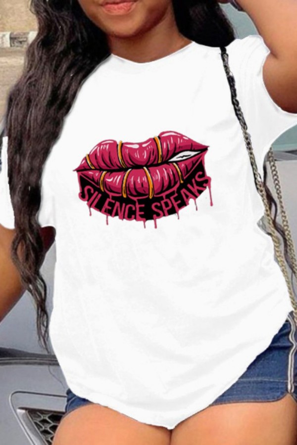 White Casual Lips Printed Basic O Neck T-Shirts
