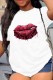 White Casual Lips Printed Basic O Neck T-Shirts