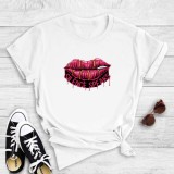 White Casual Lips Printed Basic O Neck T-Shirts