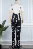 Peacock Blue Casual Print Letter O Neck Short Sleeve Two Pieces