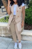 Black Casual Letter Print Cardigan Pants Turn-back Collar Sleeveless Two Pieces (Without T-shirt)
