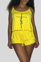 Yellow Casual Print Patchwork Spaghetti Strap Sleeveless Two Pieces