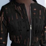 Black Casual Street Solid Patchwork Zipper Outerwear