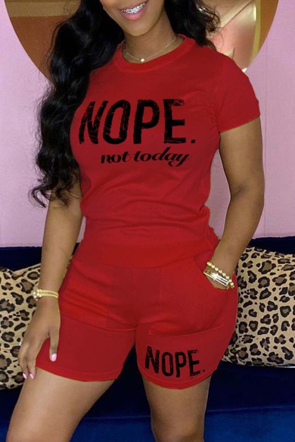 Red Casual Letter Print Basic O Neck Short Sleeve Two Pieces